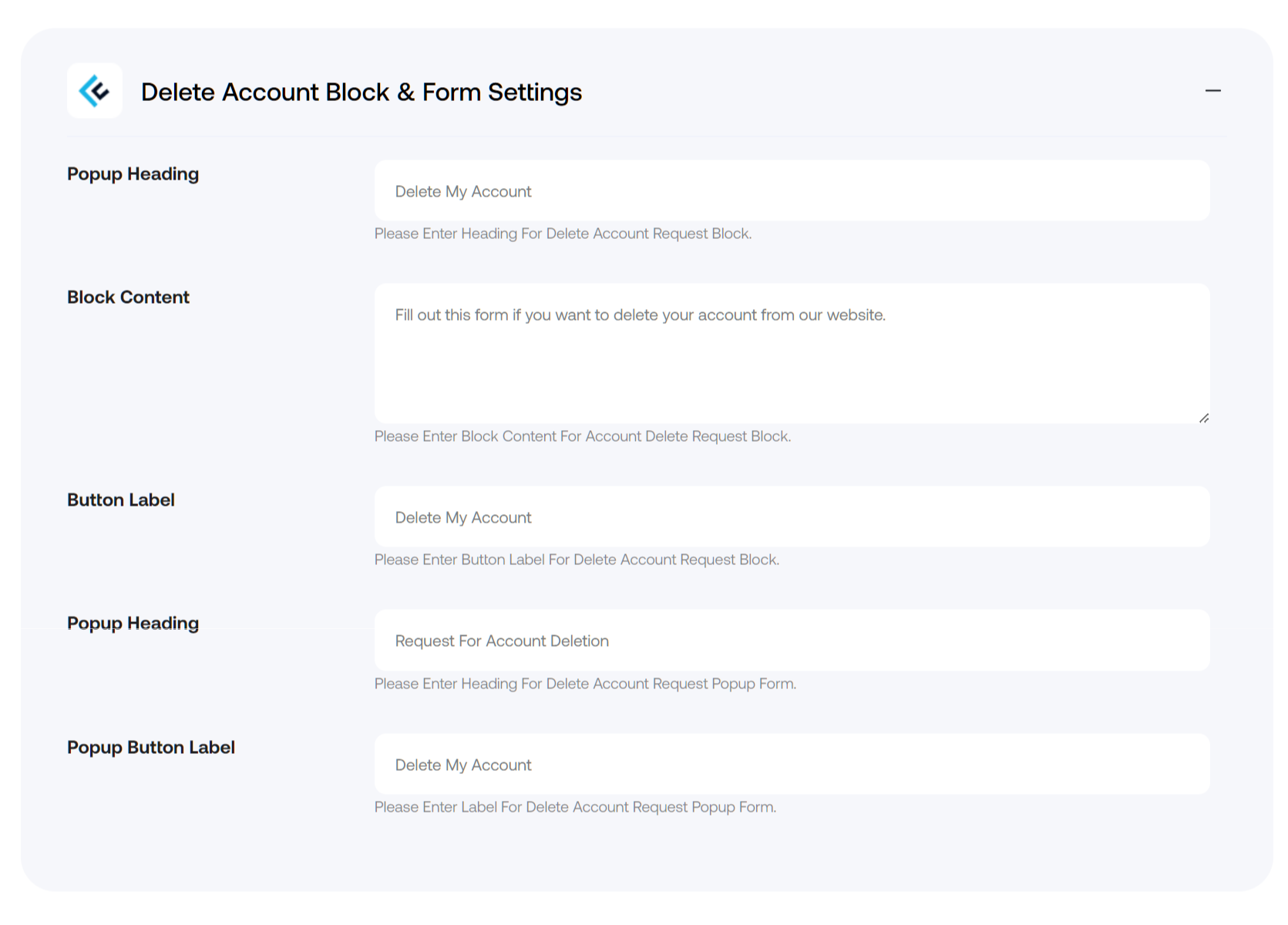 Delete Account Block & Form Settings