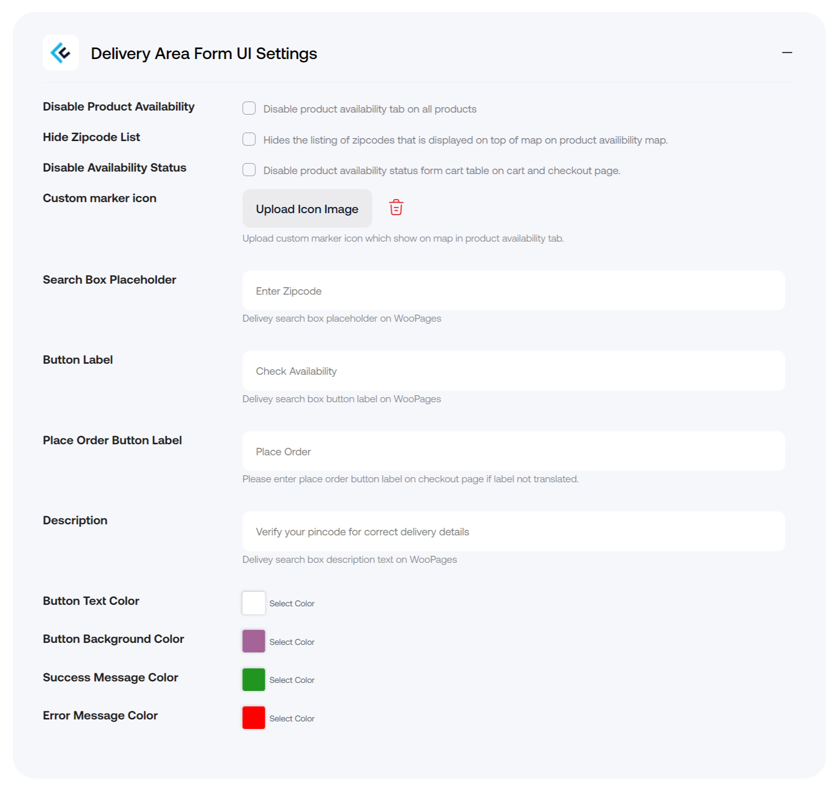 Delivery Area Form UI Settings