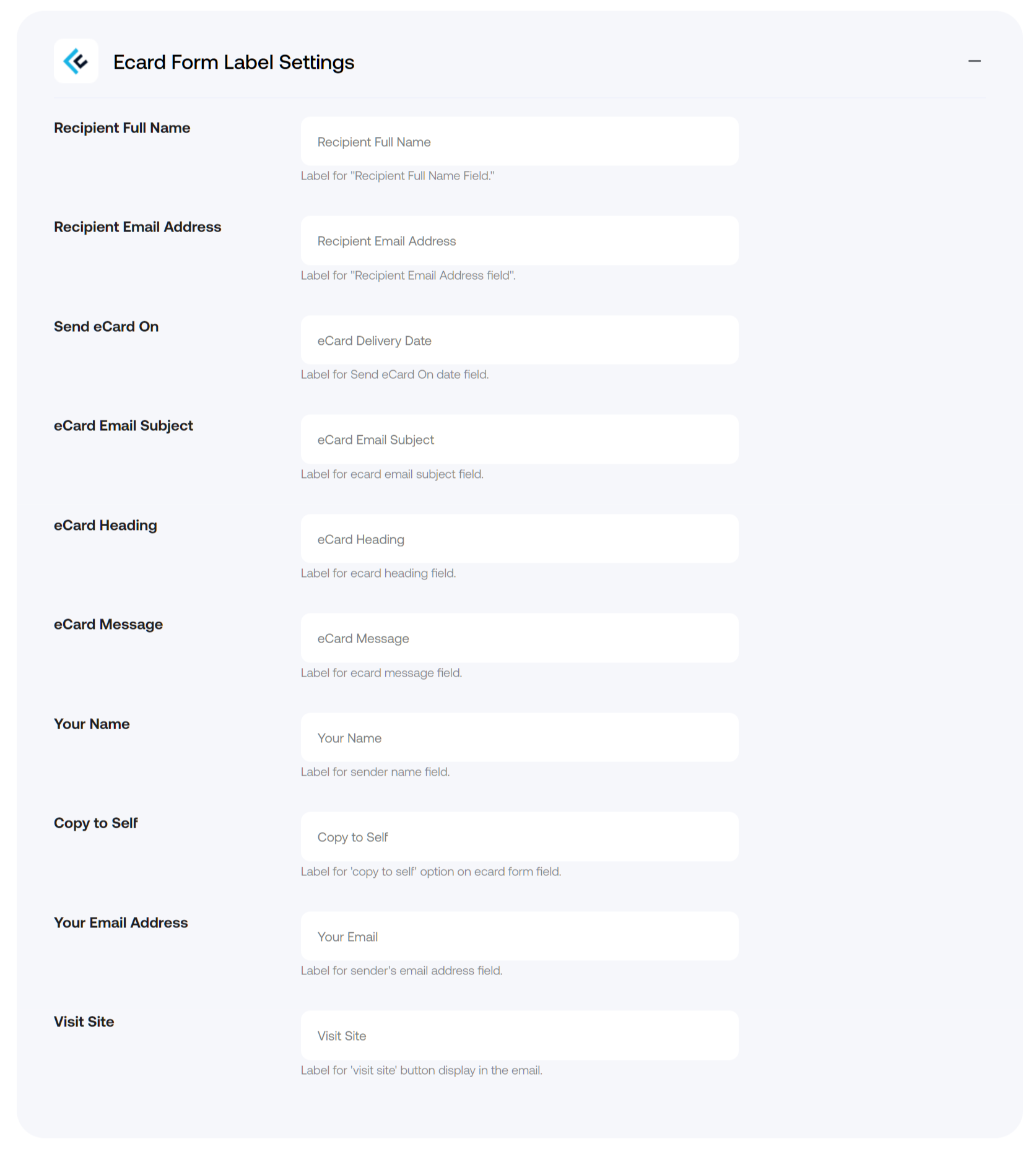 Ecard Form Label Settings