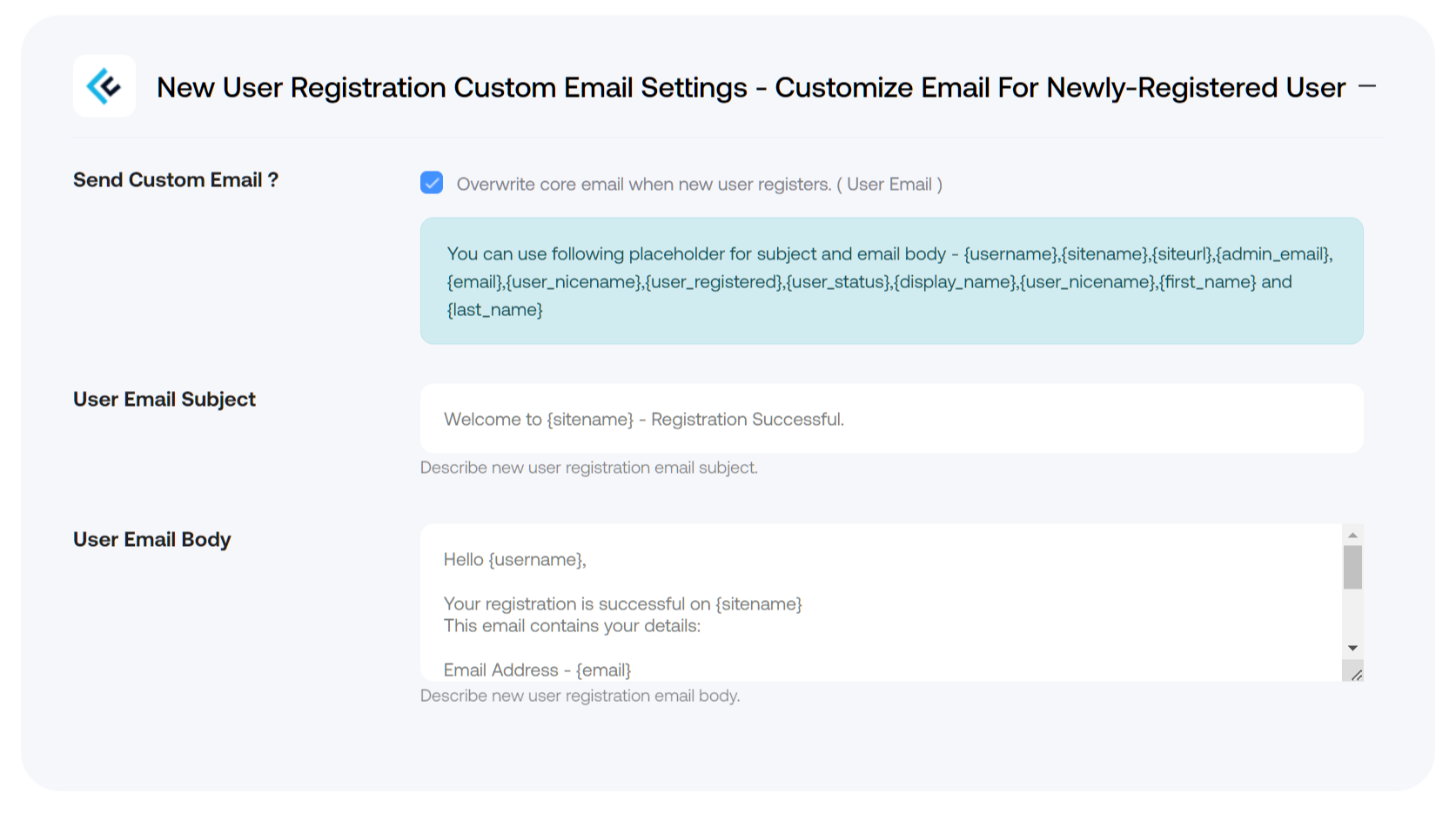 New User Registration Custom Email Settings