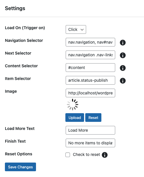 Cache Infinite Scroll Settings