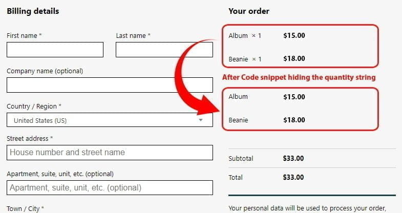 hide quantity display next to product name in woocommerce