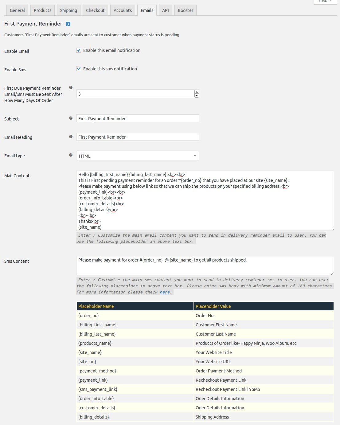 First Pending Payment Reminder Mangeable settings