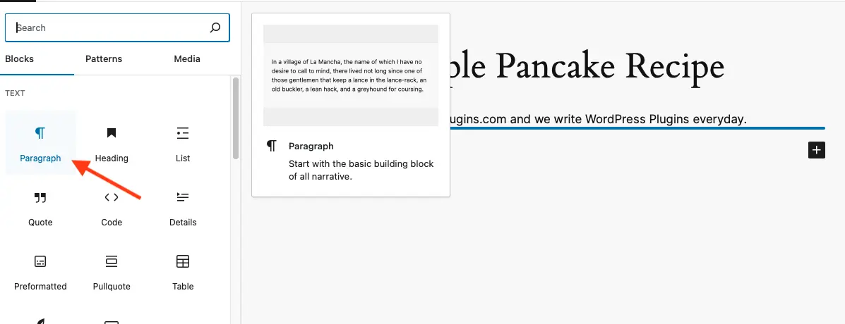 Add new paragraph block using Block Editor