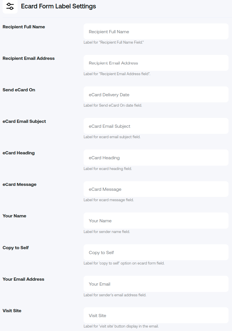 Ecard Form Label Settings