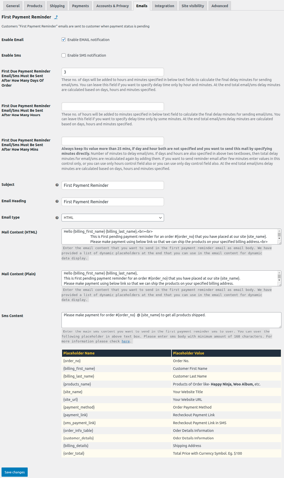 First Payment Reminder Settings