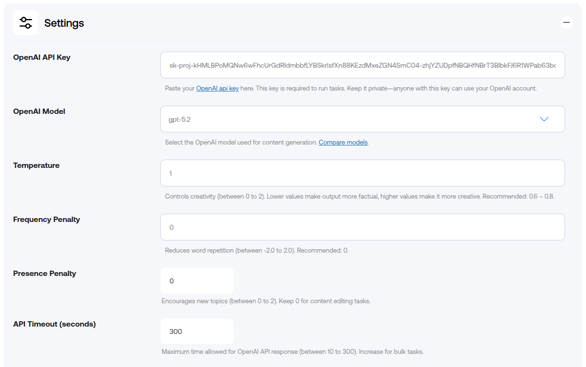 WP AI Content Settings Page